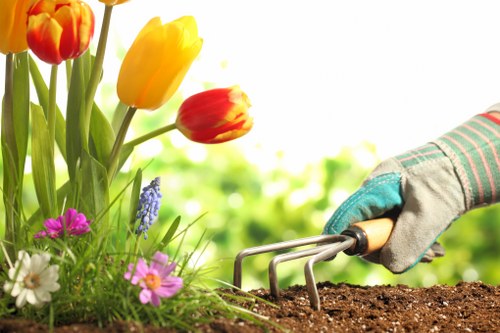 Historic gardening scene in Bankside merging tradition and modernity